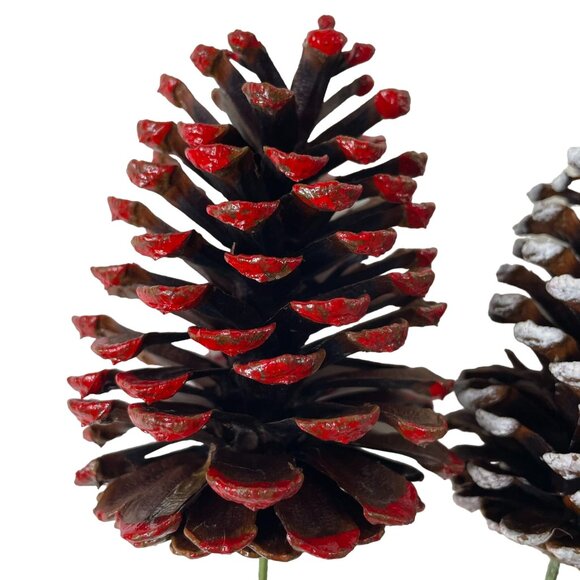 3 Painted Large Pine Cone Picks Red White Green Metal Stakes u Christmas Decor - Picture 4 of 6
